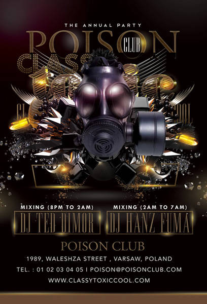 Gas mask club flyer with gold metallic design