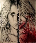 Split portrait art, tears and blood, digital drawing style