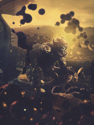 Armored soldier crouched amid explosive chaos, epic sci-fi GFX