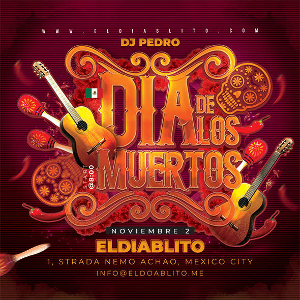 Día de los Muertos party flyer with guitars and sugar skull