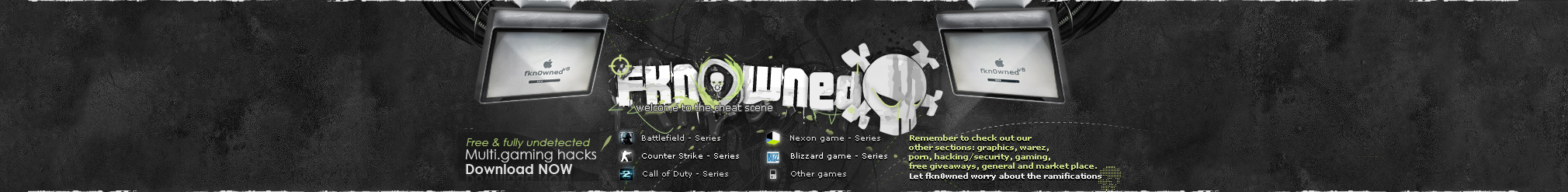Classic fkn0wned site banner welcoming hackers to the cheat scene