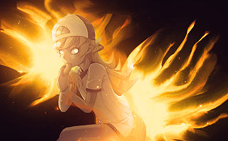 Anime girl engulfed in radiant flames, glowing GFX art