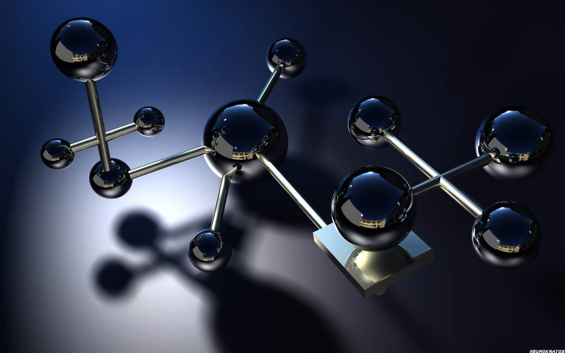 Chrome molecule spheres render, classic early-2010s 3D GFX