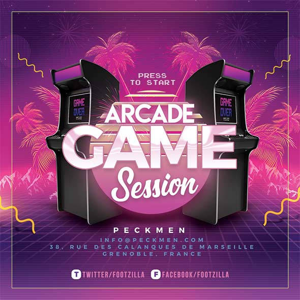Retro synthwave arcade flyer with neon palm trees