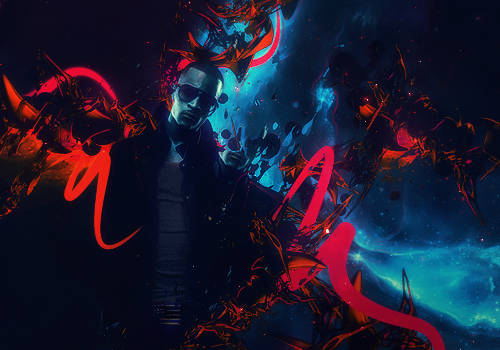 Man in sunglasses amid fiery red digital abstract swirls