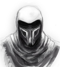 Hooded masked figure sketch, moody forum avatar art