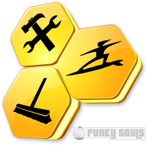 Funky Souls hexagon logo with tools and surfer icons