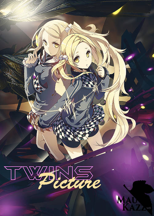 Anime twin sisters GFX art with neon purple accents