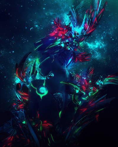 Cosmic glowing warrior GFX art with neon feathers