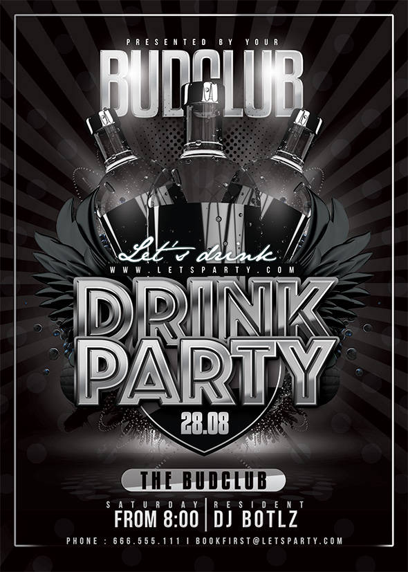 Sleek monochrome drink party flyer with bottle graphics