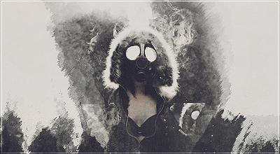 Gas mask figure emerging from smoky monochrome haze
