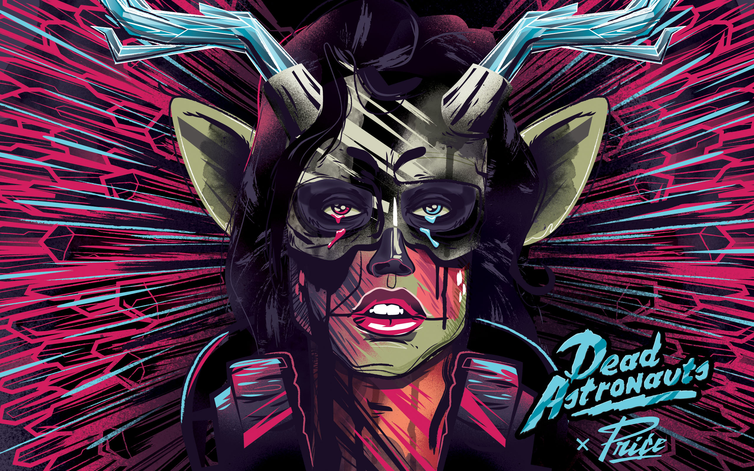 Demon-masked warrior GFX piece, striking pink-cyan cyberpunk vibes