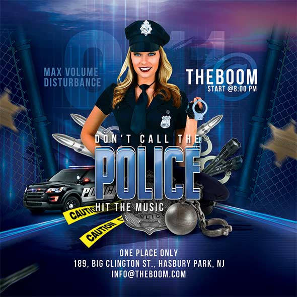 Retro police-themed party flyer with pin-up cop