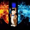 Fire and ice split-screen art with crowned character