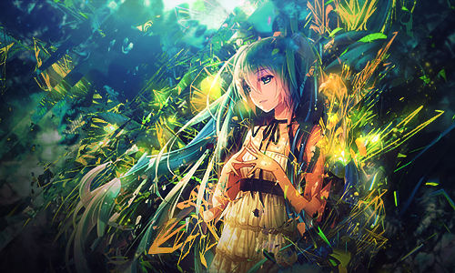 Anime girl amid glowing forest fractals, classic signature art