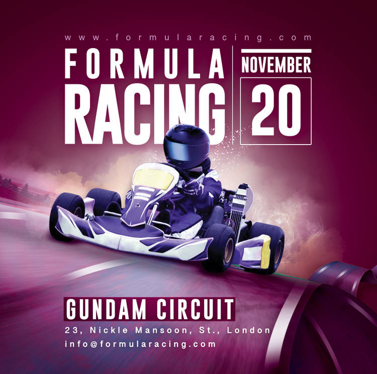 Racing event poster with go-kart in vivid maroon tones
