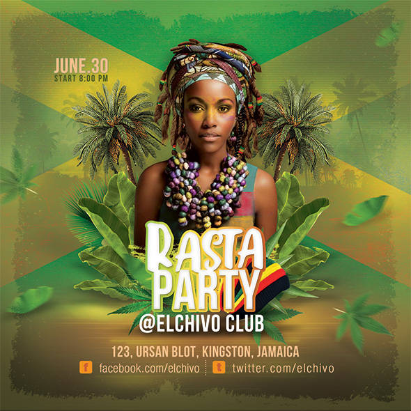 Rasta party flyer with tropical vibes and vibrant colors