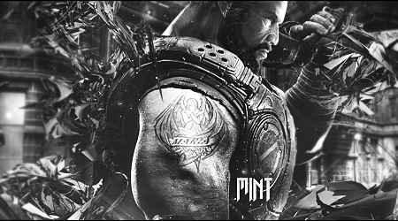 Gritty grayscale warrior signature with tattooed shoulder art