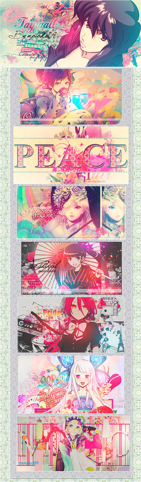 Anime-style GFX tagwall collage with pastel floral collage art