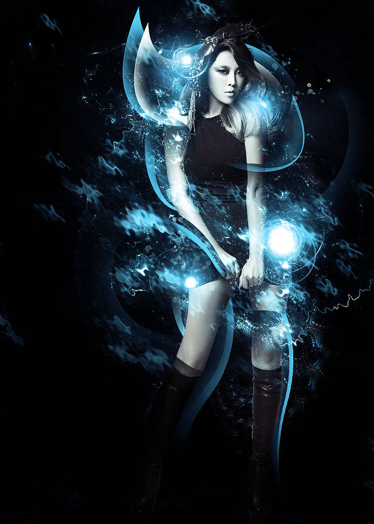 Glowing blue digital art portrait with mystical energy effects
