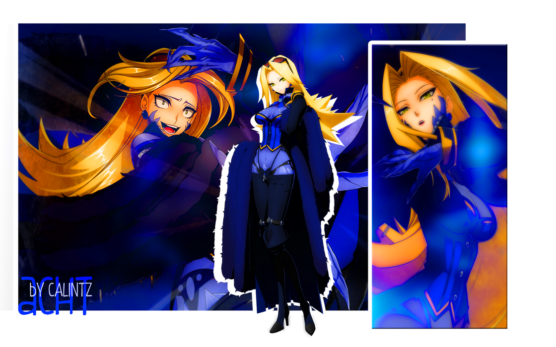 Blonde anime GFX piece with flowing hair and blue armor