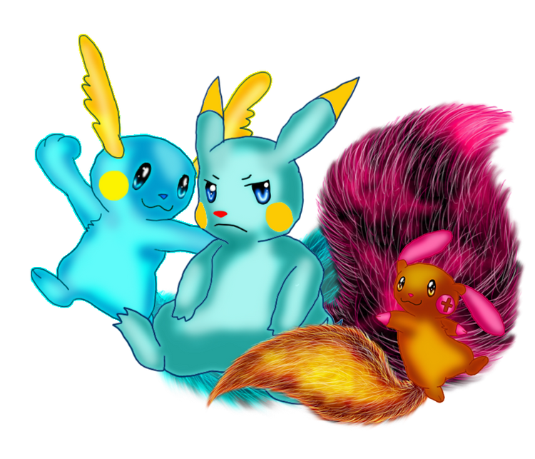Fan art trio of Pikachu-like creatures with fluffy tails