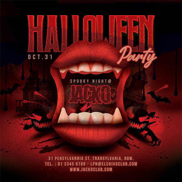 Spooky vampire-mouth Halloween party flyer design