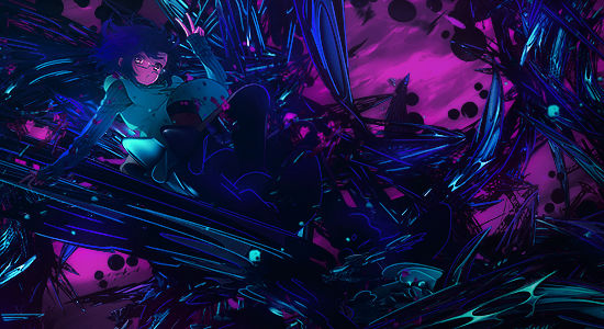 Digital storm engulfs a lone figure in neon abstraction