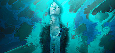Teal dreamscape portrait, swirling smoke and closed eyes