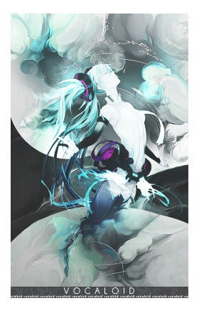 Vocaloid duo GFX art with swirling teal smoke effects