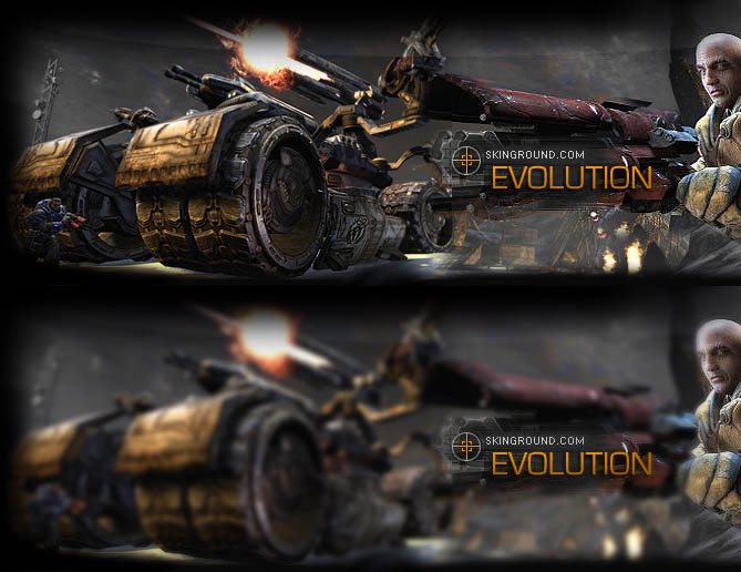 Gritty sci-fi war machine banner promoting a game skin site