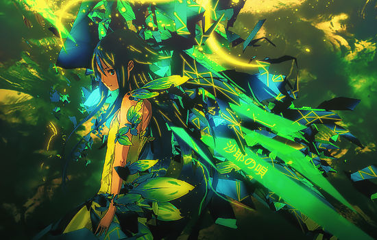 Anime girl amid shattered green-blue digital shards