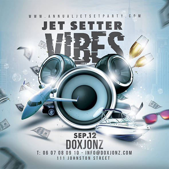 Flashy jet-set party flyer with cars, jets, and bling