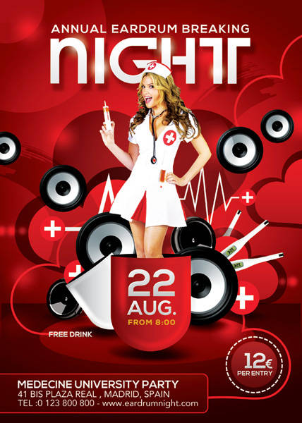 Retro party flyer with nurse pin-up and speakers