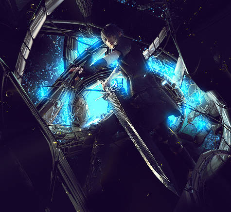 Anime warrior wielding a massive blade amid blue energy