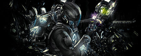 Futuristic armored warriors GFX signature with neon accents