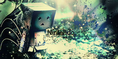 Danbo box character amid a moody splattered forest scene