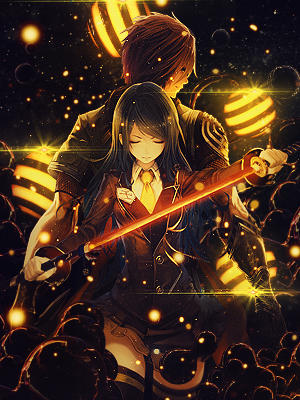 Glowing gold anime GFX with sword and orbs