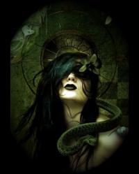 Blindfolded dark art with serpent, gothic forum signature vibe