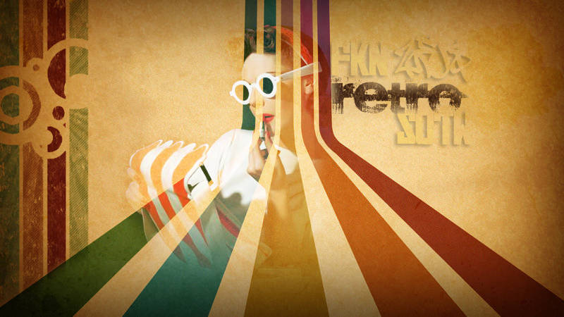 Retro rainbow-striped GFX art with vintage cool character