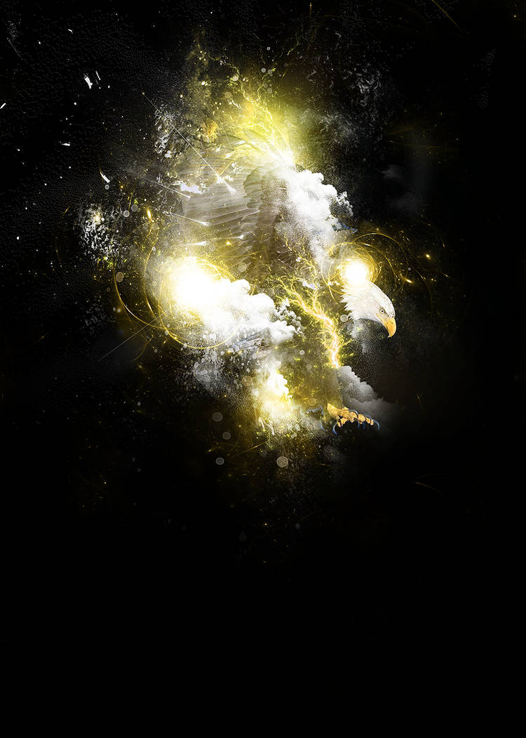 Bald eagle emerging from light and smoke, GFX art