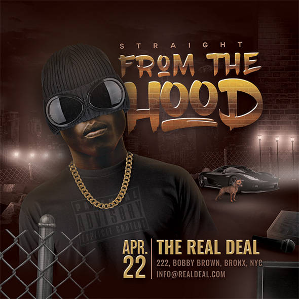Gritty hood-style flyer GFX with hip-hop swagger