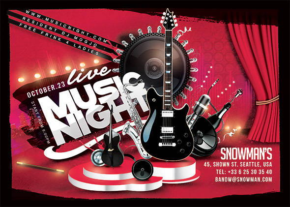 Slick music night flyer with guitar and neon lights