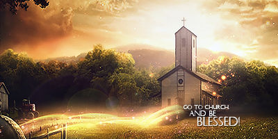 Golden church scene with glowing light rays and grass