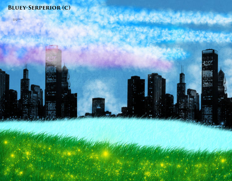 City skyline meets sparkling green field GFX art