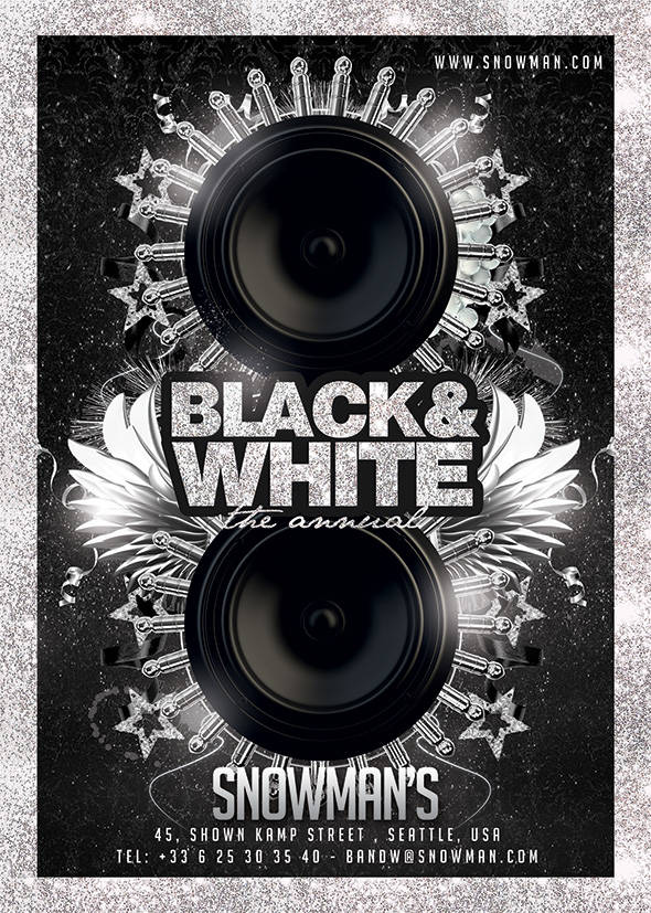 Sleek black & white speaker flyer with silver glitter frame