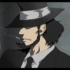 Noir anime character, fedora and trench coat silhouette