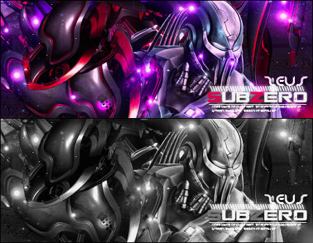 Cyberpunk mech GFX signature, color and grayscale versions