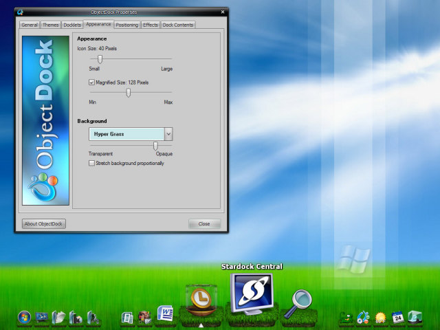 ObjectDock Plus settings and desktop dock preview