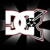 DC Shoes-style skull logo with bold red-black design